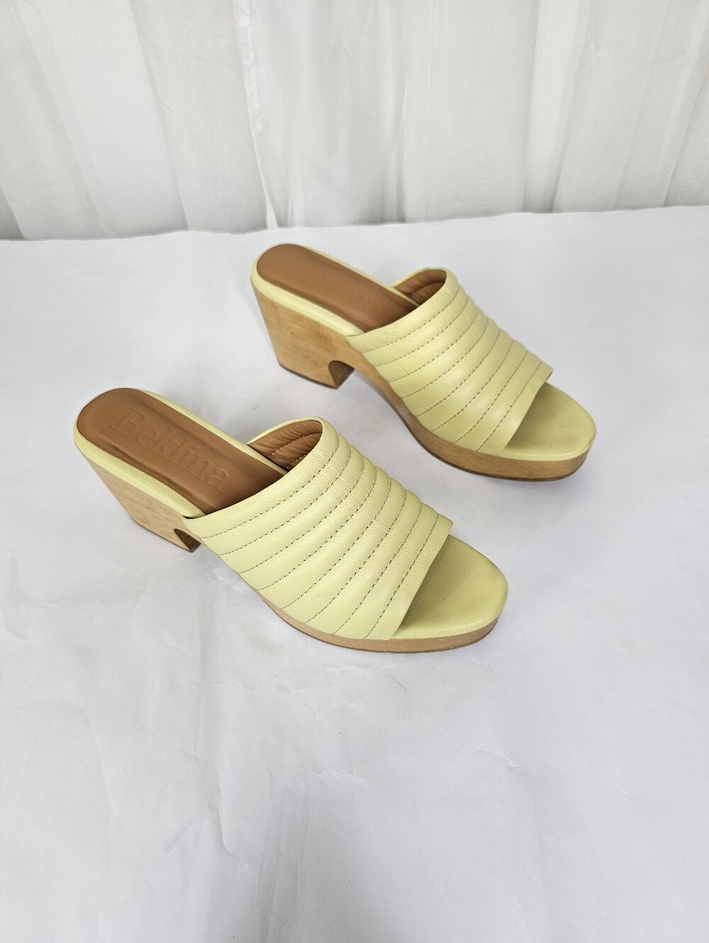 Beklina Ribbed Open Toe Clog Sunshine Yellow Leather Wooden Platform Mule Size 8